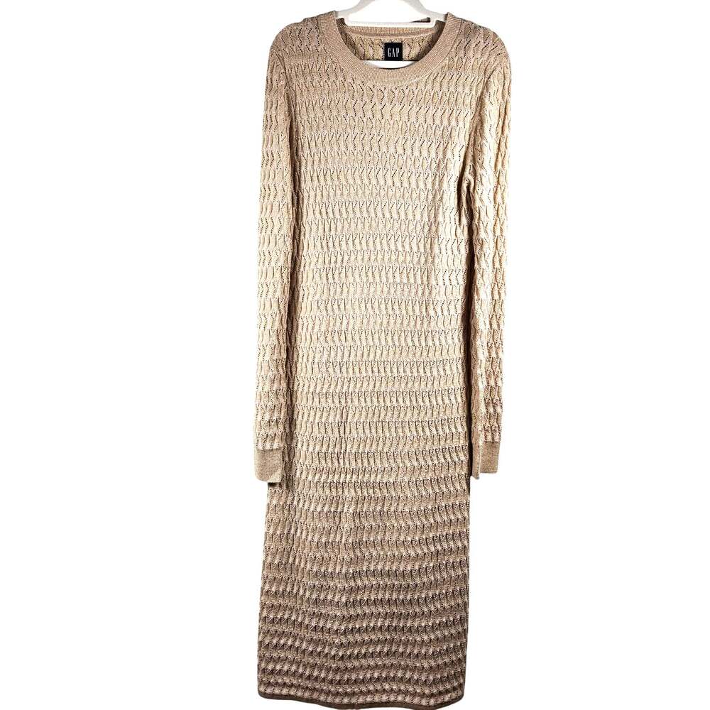 GAP Gold Metallic Pointelle Knit Long Sleeved Sweater Dress Size Medium Tall